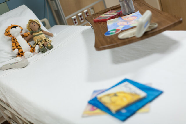 Patient room with book and toys