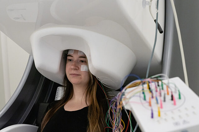 Patient with medical equipment on head