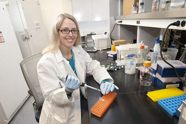 A researcher in the Cavallari lab processes blood samples.