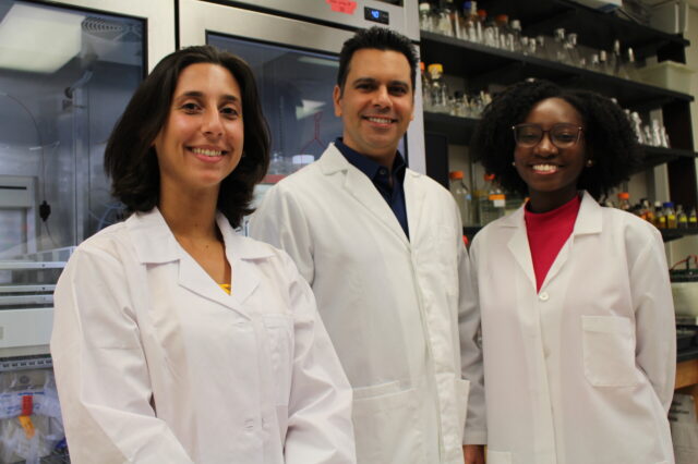 From left: Isabelle M. Llabona, Dr. Aria Eshraghi and Ashley Clarke are shown in Eshraghi's lab. Llabona and Clarke, both University of Florida students, participated in a research project that resulted in a paper in Microbiology Spectrum.