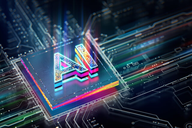 A stylized graphic of a circuit board lit up with a prism of colors. A microchip at the center of the graphic has the raised letters AI, reflecting the prism.
