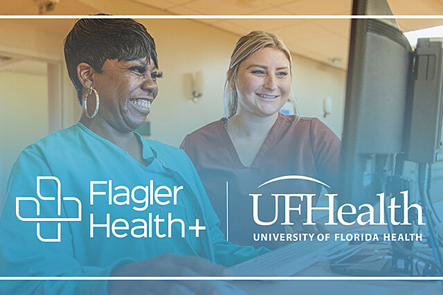 Two women looking at a computer and smiling with the Flager Health and UF Health logos overlayed