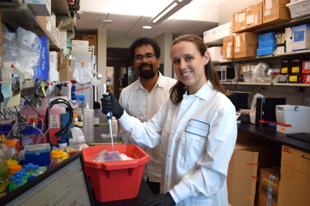 Neuroscientist Sathya Puthanveettil, Ph.D., of The Wertheim UF Scripps Institute, joins postdoctoral researcher Jena Wingfield, Ph.D., in their lab. They discovered a new long noncoding RNA that directs neurons to build connections during fear conditioning.