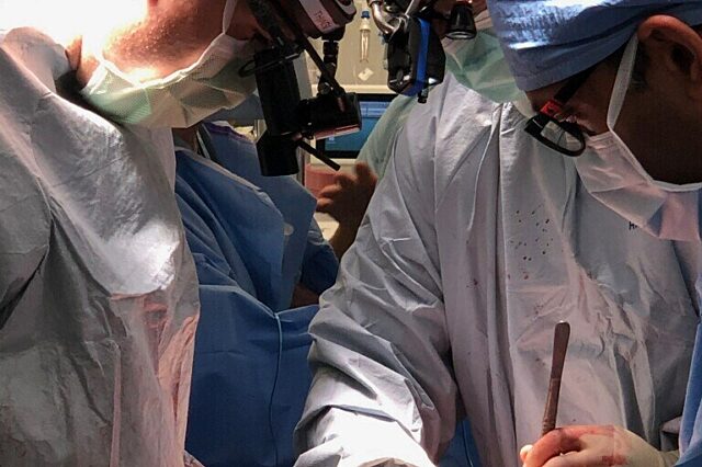 A team of surgeons work in an operating room.