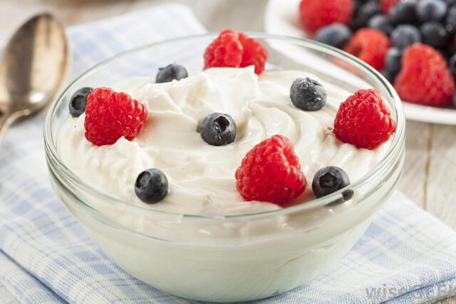 Bowl of vanilla yogurt with berries