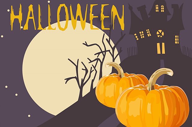 Halloween cartoon with a pumpkin, haunted house and moon