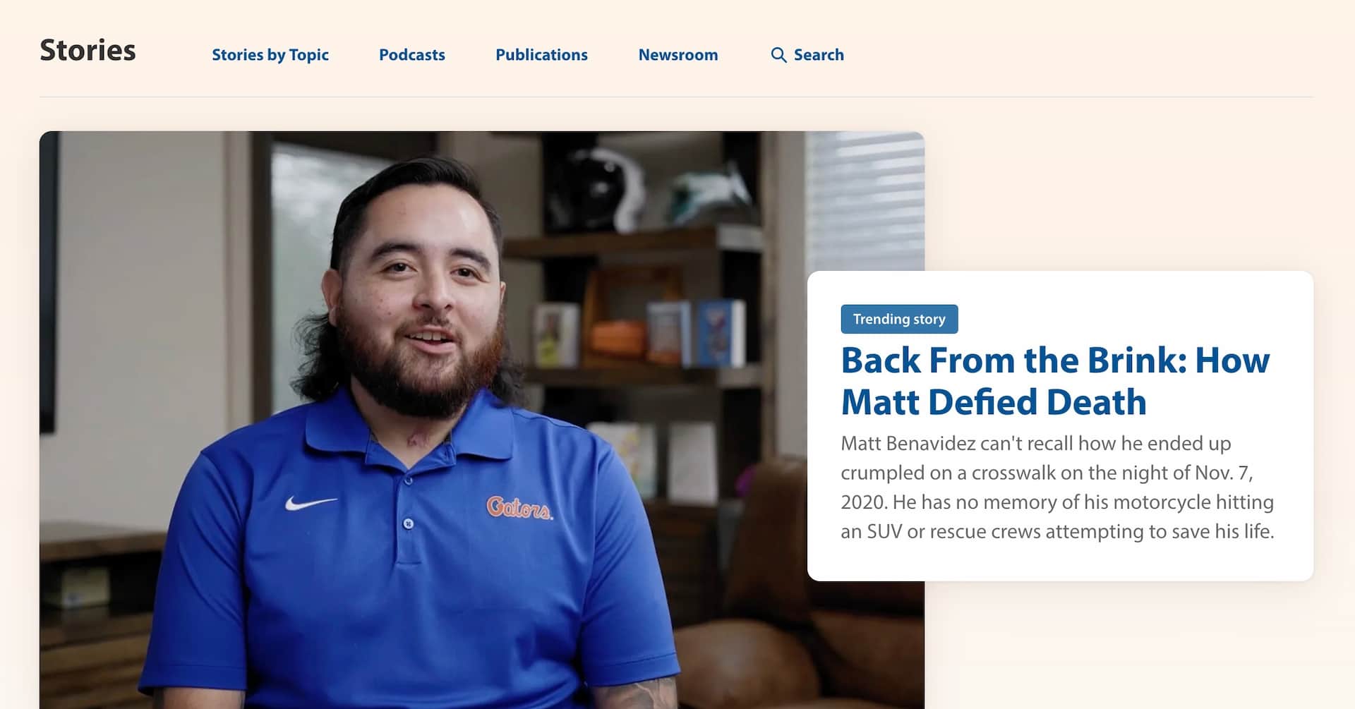 Screenshot of the Stories section of the UF Health website, showcasing a patient story.
