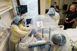At UF Health Shands, experts in interactive medical simulation conduct realistic drills in the pediatric intensive care unit to prepare for severe cases of the novel coronavirus. Credit: Louis Brems / UF Health