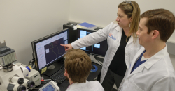 Jennifer Bizon, Ph.D., reviews images with colleagues. (This image was taken prior to national guidelines of face coverings and physical distancing.)