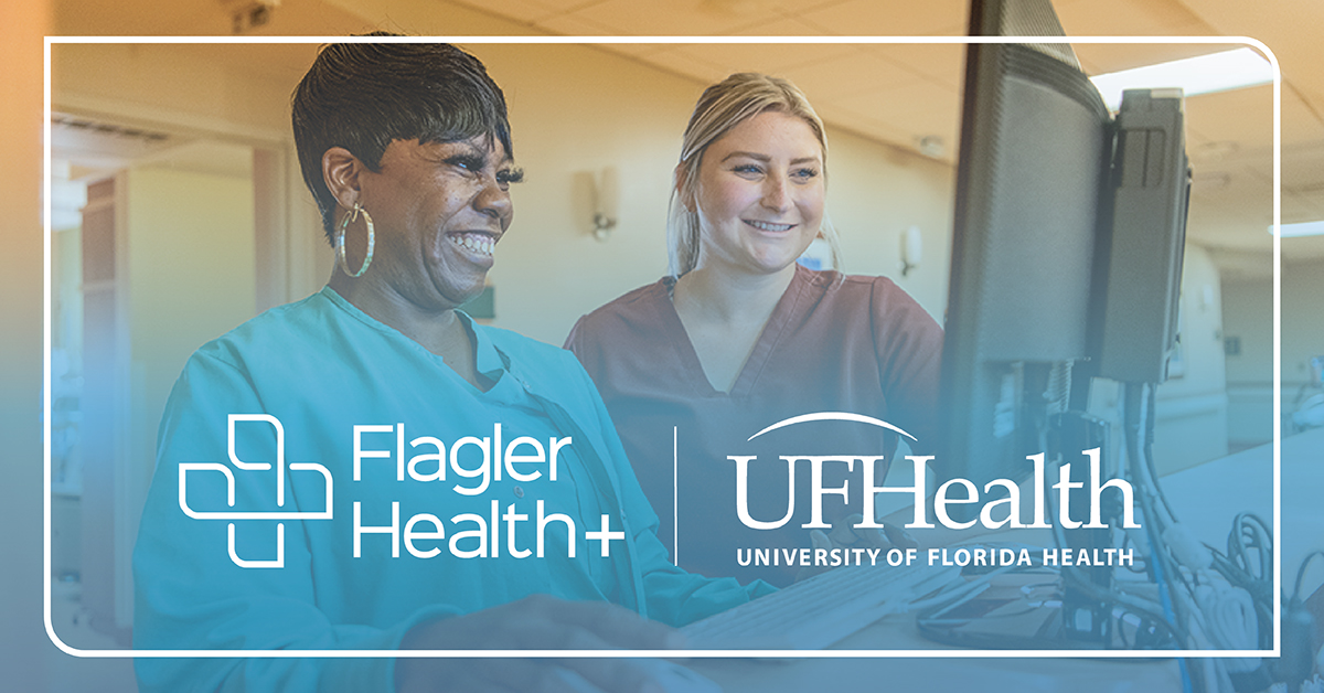 Flagler Health and UF Health logos are superimposed on an image of two healthcare workers at a computer station.  