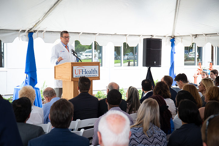 David R. Nelson, M.D. Senior Vice President for Health Affairs, UF, and President, UF Health, addresses attendees during the ribbon-cutting for the Norman Fixel Institute for Neurological Diseases at UF Health on Wednesday, June 19.