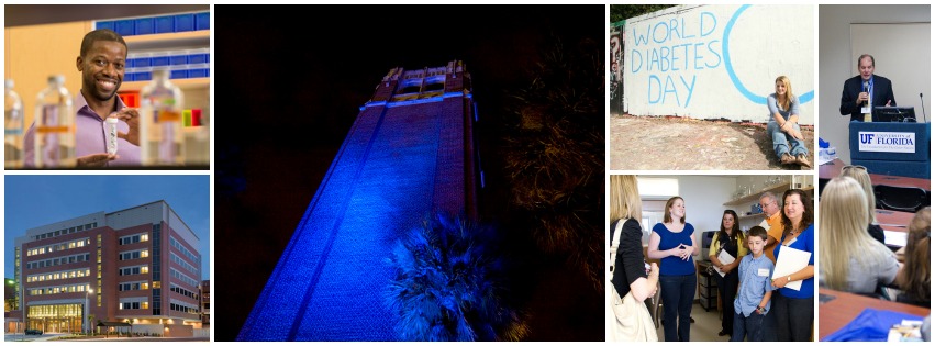 Pictured are various aspects of the diabetes program at UF: research, teaching, clinical care, research space in the UF Biomedical Sciences Building, and the role of our faculty and staff in increasing public awareness. For example, in honor of World Diabetes Day, UF has a tradition of lighting the Century Tower blue.