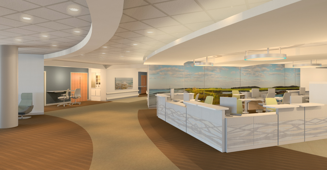 The new hospital’s nursing stations blend modern design with soothing colors.
