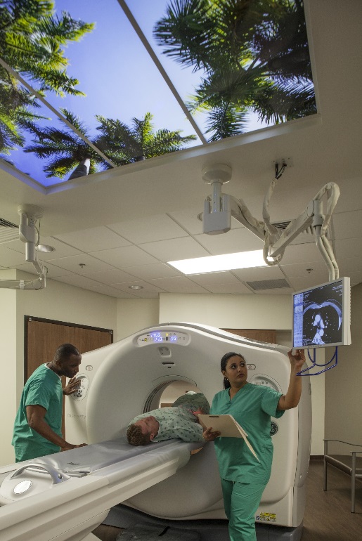 The building’s design brings the outdoors inside, including on the ceilings in the radiology department.