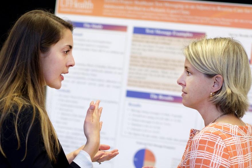 The institute also hosted its third annual research day, which brought together child health researchers from across campus, including several students in the Medical Student Research Program and fellows who have conducted research with institute faculty, such as Kristin Dayton (left), M.D., pediatric fellow, pictured with Lindsay Thompson, M.D., M.S., the institute’s assistant director of clinical research.