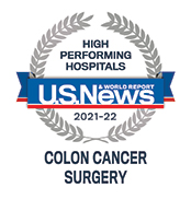 USNWR Badge - High Performing Hospital Colon Cancer Surgery, 2021-2022
