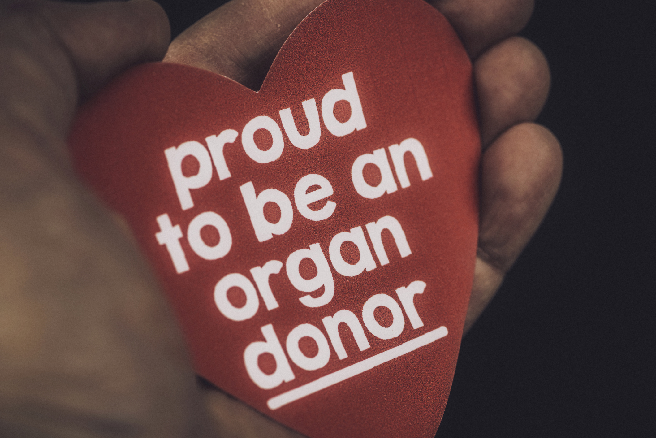 A hand holding a red heart with the words proud to be an organ donor on it