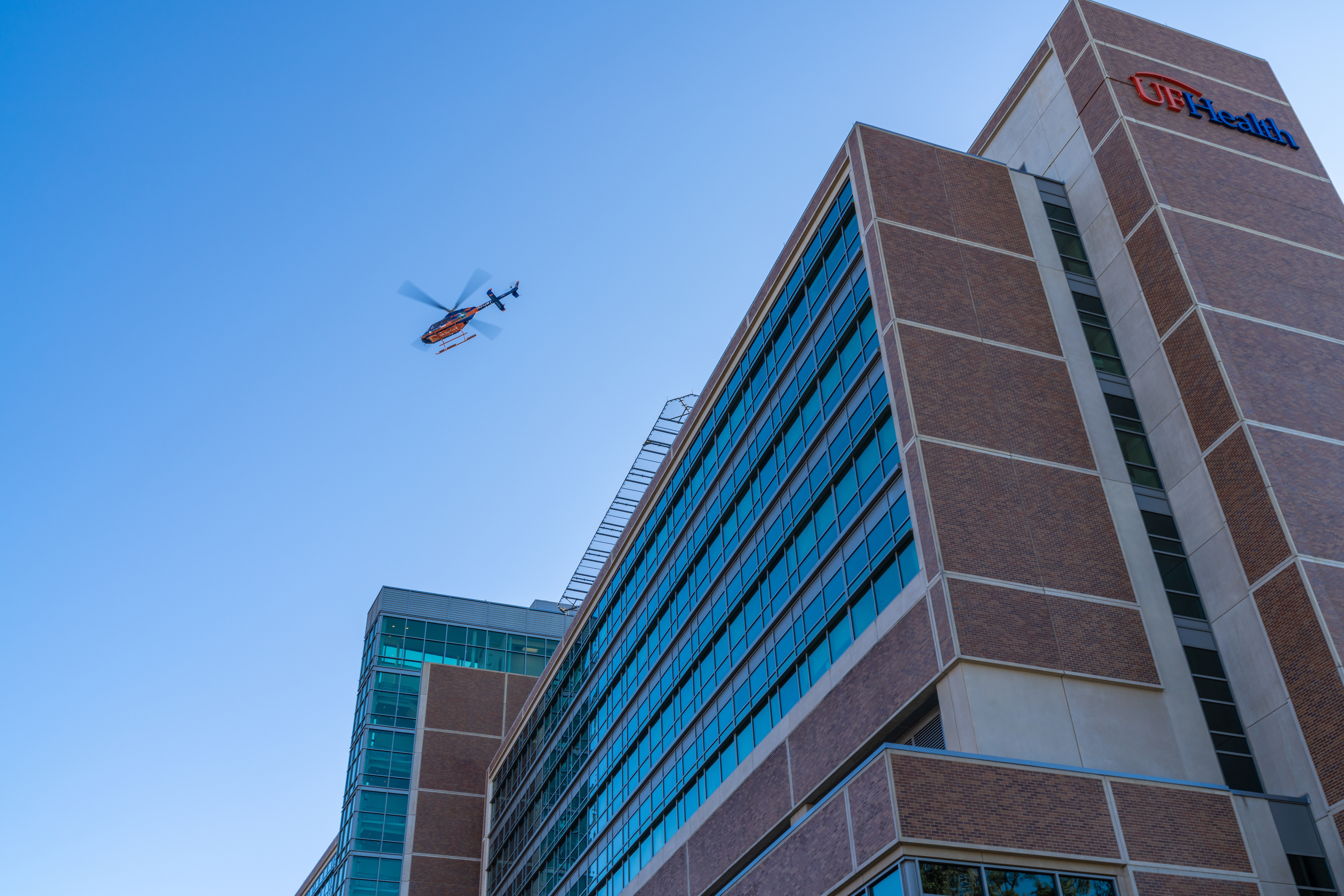 UF Health ShandsCair helicopter in the air